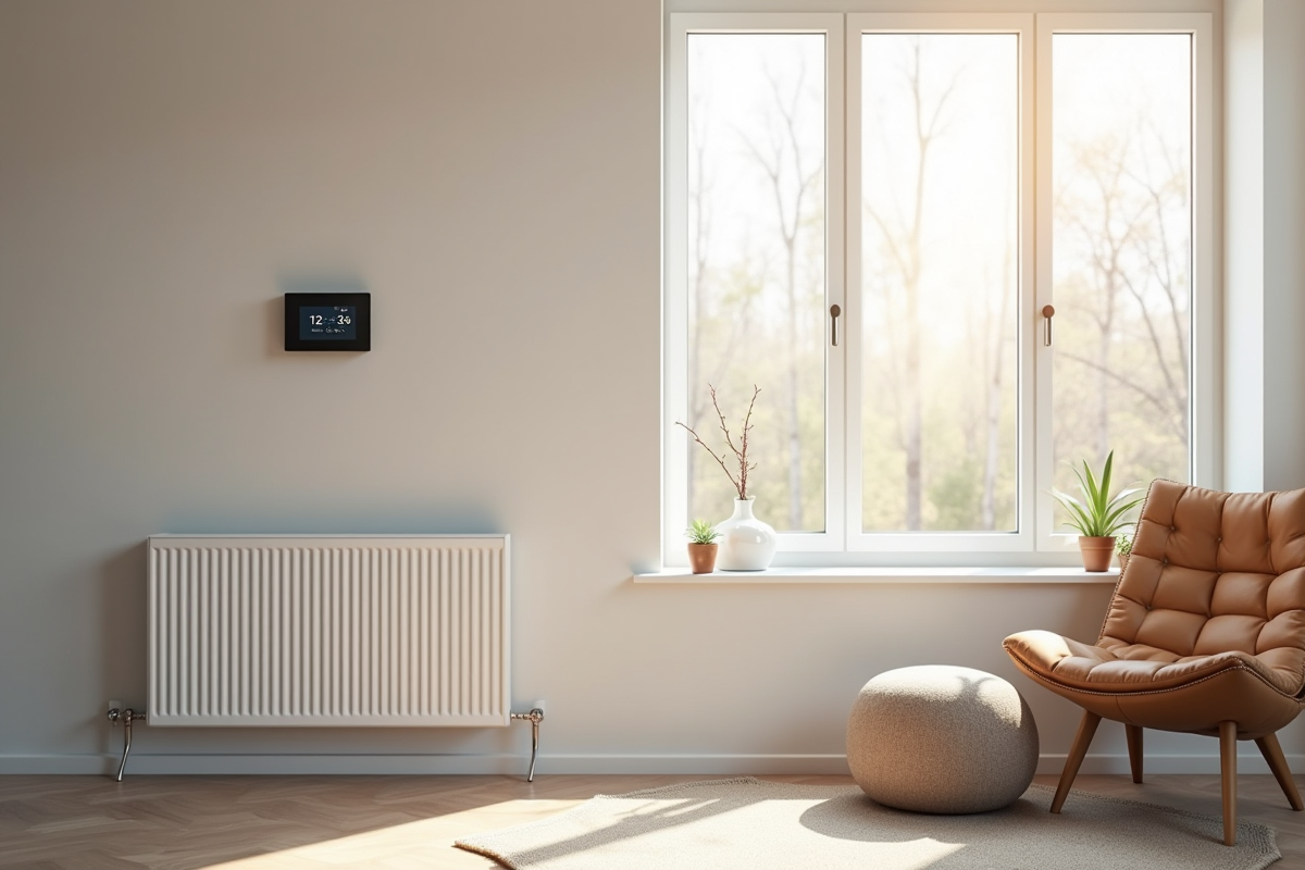 Salon moderne avec radiateur blanc et décoration scandinave