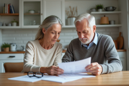 Couple senior lisant des lettres dans la cuisine