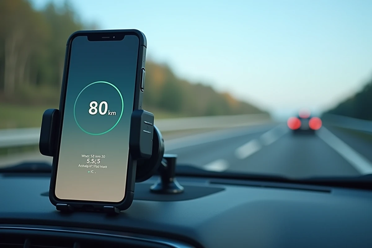 Smartphone fixé au pare-brise affichant une application GPS avec conversion de vitesse km/h en miles par heure
