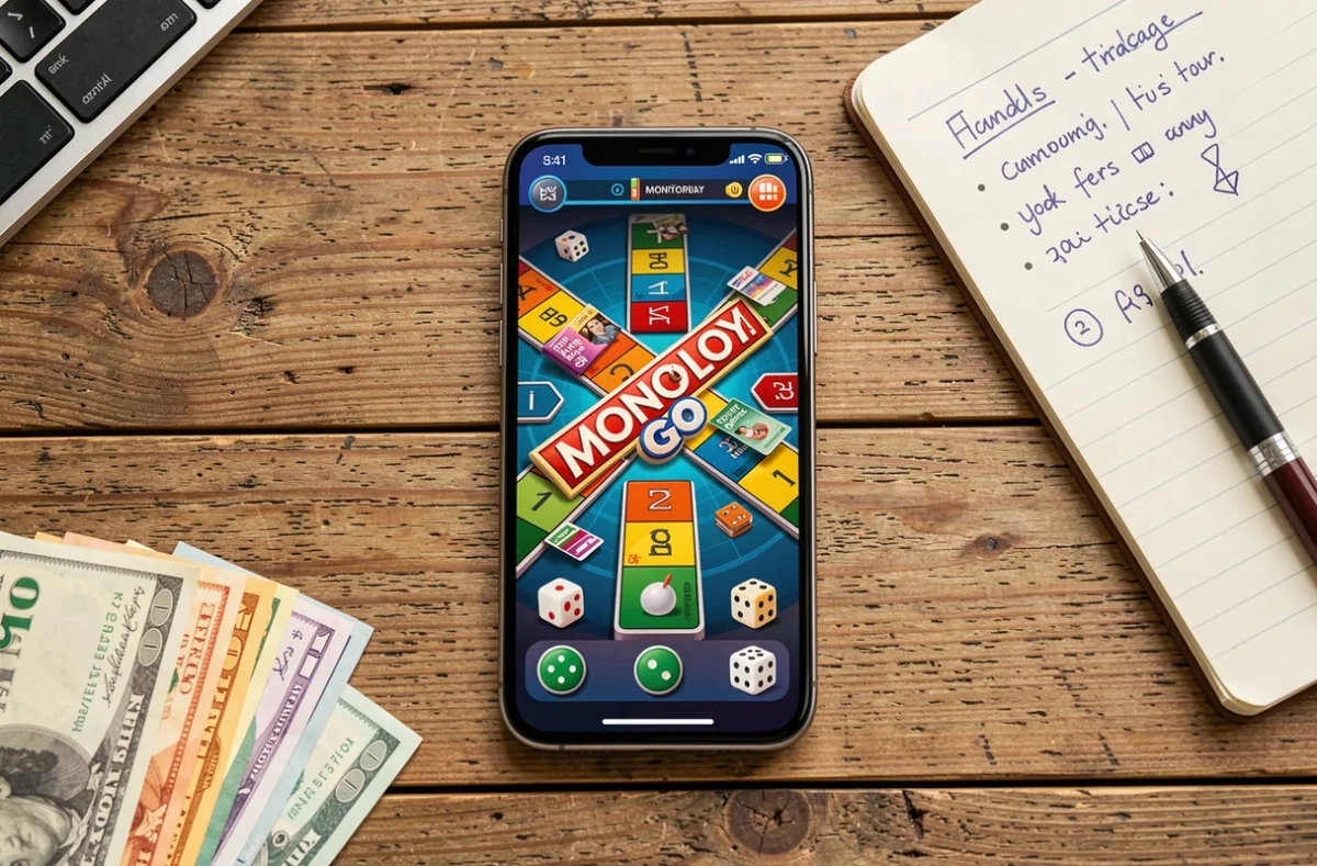 Vue de dessus d'un smartphone affichant l'interface Monopoly Go avec des billets virtuels et des dés, posé sur un bureau en bois avec des billets de jeu et un carnet de notes