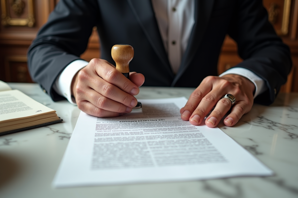 Mains d homme apposant un tampon sur un document officiel