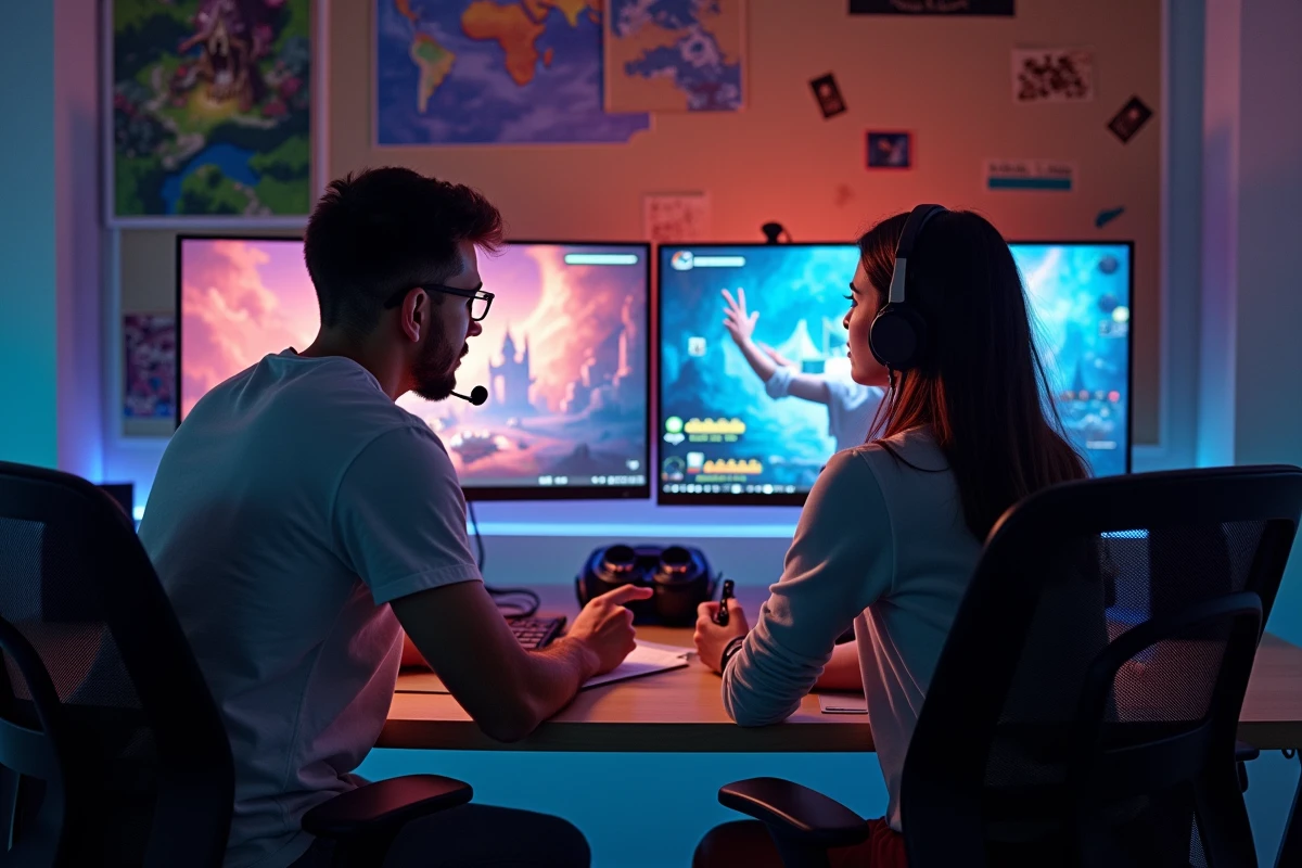 Deux joueurs collaborant ensemble pour optimiser leur stratégie de farm dans un MMORPG de type Dofus, assis côte à côte devant leurs écrans