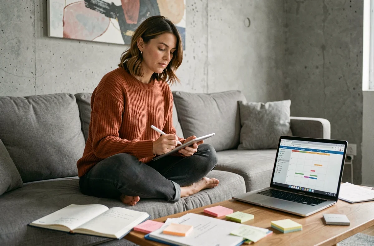 Femme planifiant sa stratégie de marque personnelle sur Instagram Stories entourée de notes et d'outils de création de contenu
