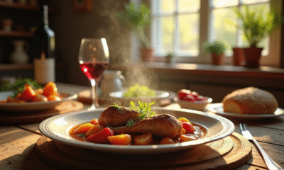 Table rustique avec plat de lapin en sauce et vin rouge