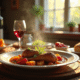 Table rustique avec plat de lapin en sauce et vin rouge