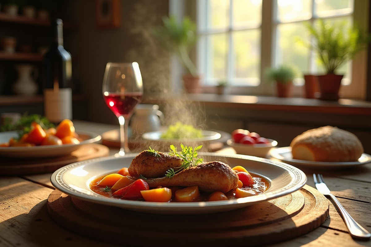Table rustique avec plat de lapin en sauce et vin rouge