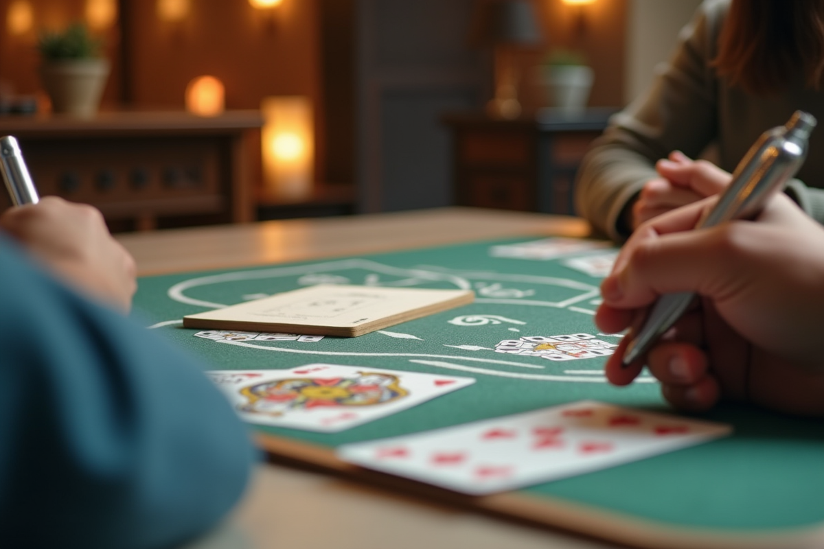 Gros plan sur une partie de Kems avec cartes et scoreur sur la table