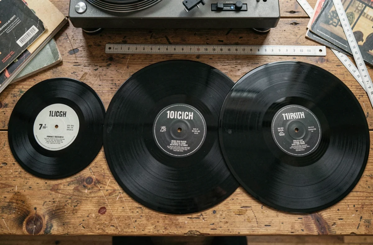 Vue de dessus de trois vinyles de formats différents posés côte à côte sur une table en bois avec une règle pour comparer les tailles