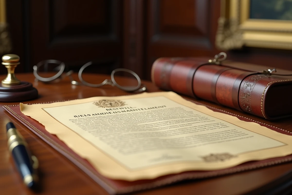 Gros plan d'un testament manuscrit sur bureau ancien avec stylo et cachet de cire, symboles d'héritage et de patrimoine familial