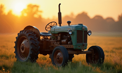 Ancien tracteur sur un champ au lever du soleil avec rosée