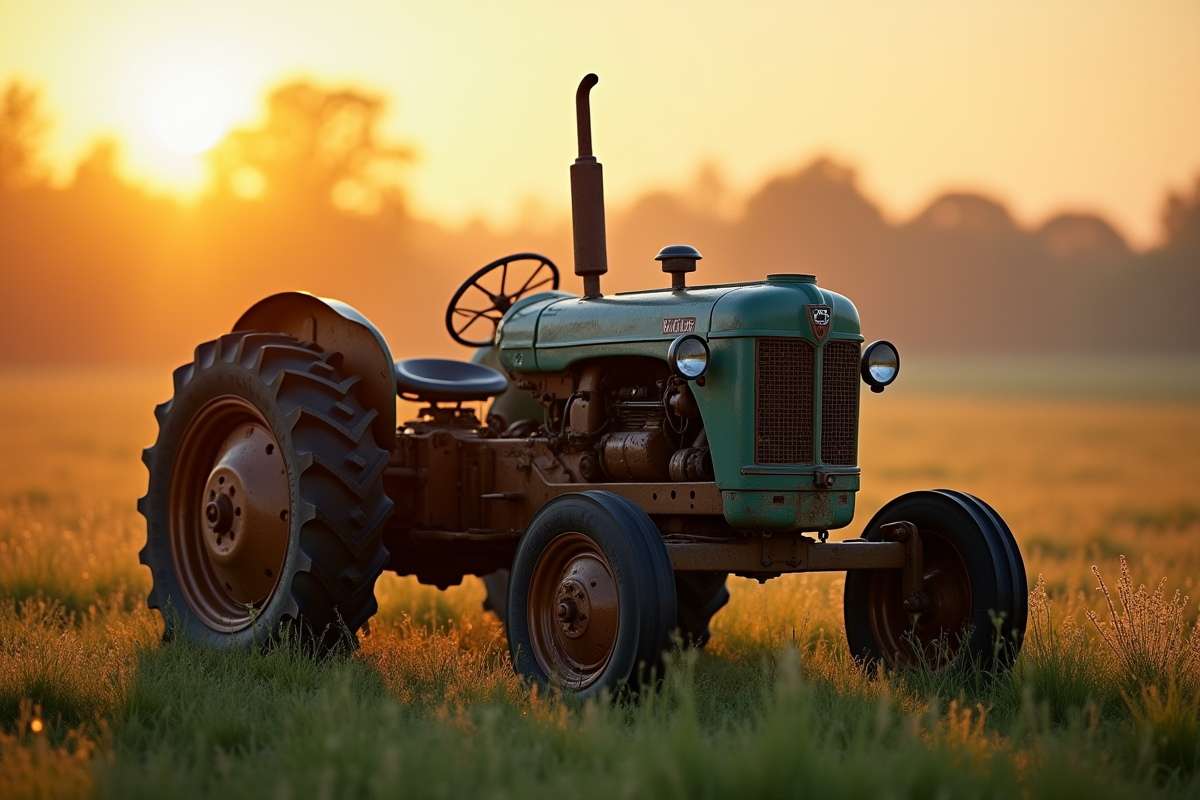 Ancien tracteur sur un champ au lever du soleil avec rosée