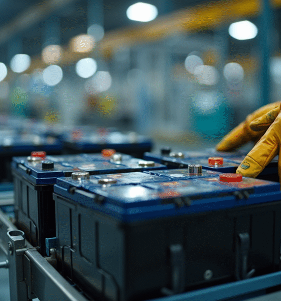 Employé triant des batteries électriques usagées dans une usine de recyclage