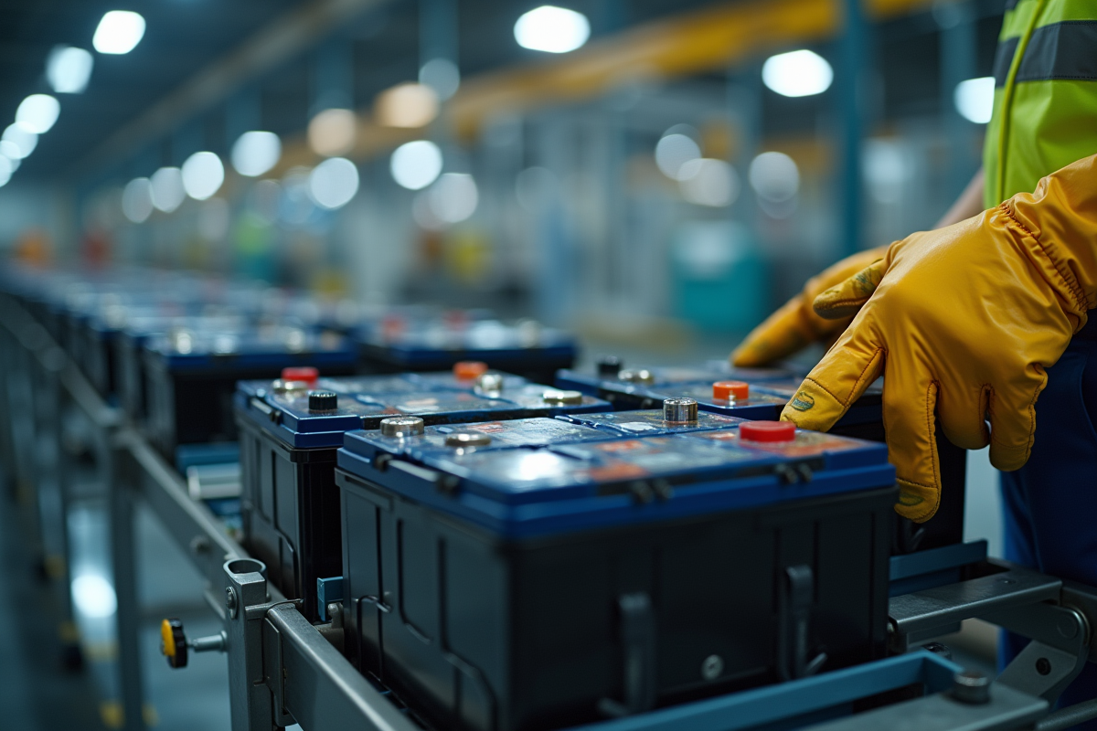 Employé triant des batteries électriques usagées dans une usine de recyclage