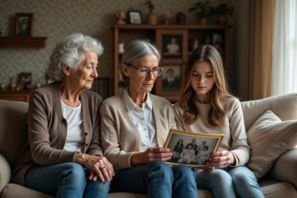 Trois générations de femmes regardant une photo de famille