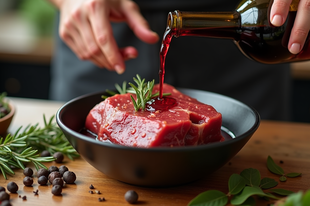 Mains versant du vin rouge sur la viande de sanglier dans un bol
