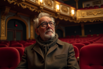 Homme age assis dans un vieux cinema francais