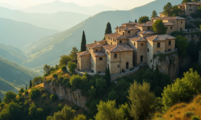 Village ancien en pierre sur une montagne verdoyante avec maisons traditionnelles