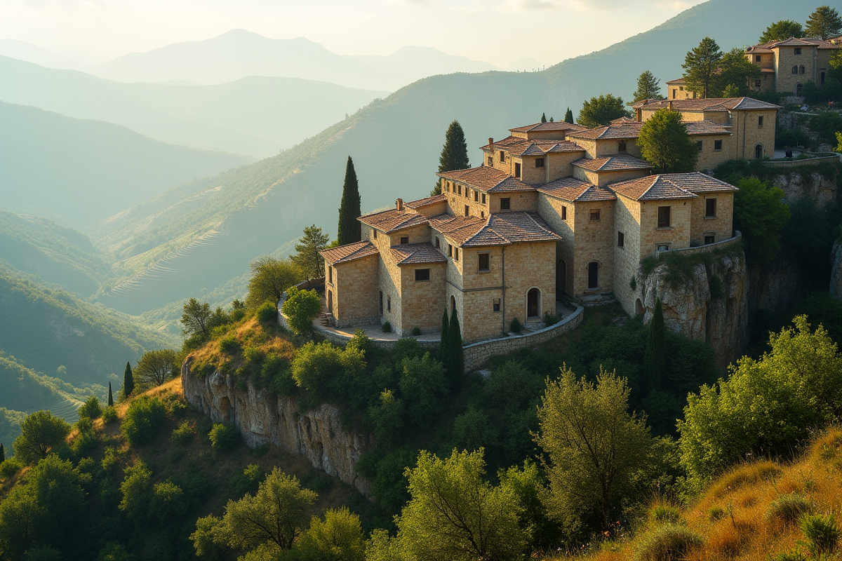 Village ancien en pierre sur une montagne verdoyante avec maisons traditionnelles