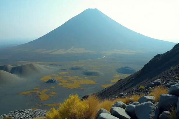 Volcan japonais Aso avec son cratère fumant et ses coulées de lave solidifiée dans un paysage volcanique brumeux