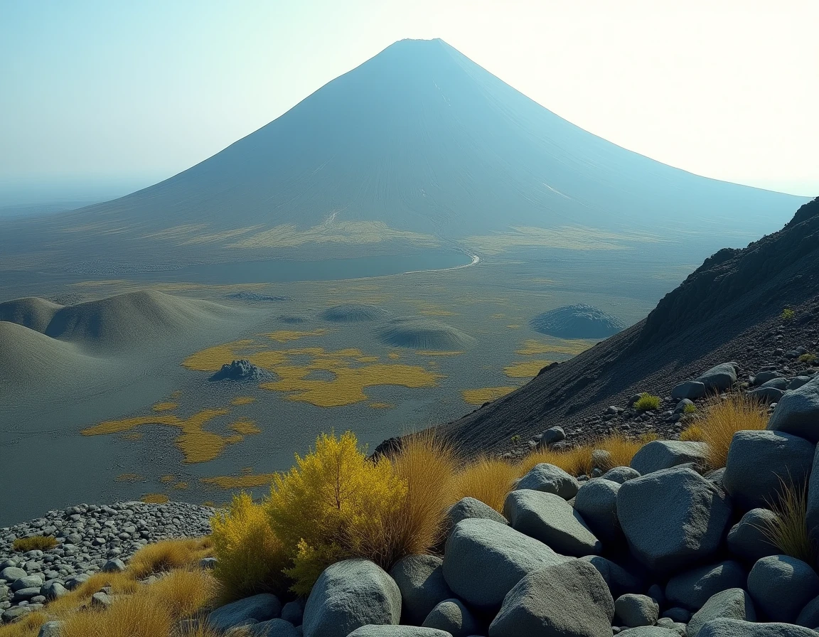 Volcan japonais Aso avec son cratère fumant et ses coulées de lave solidifiée dans un paysage volcanique brumeux