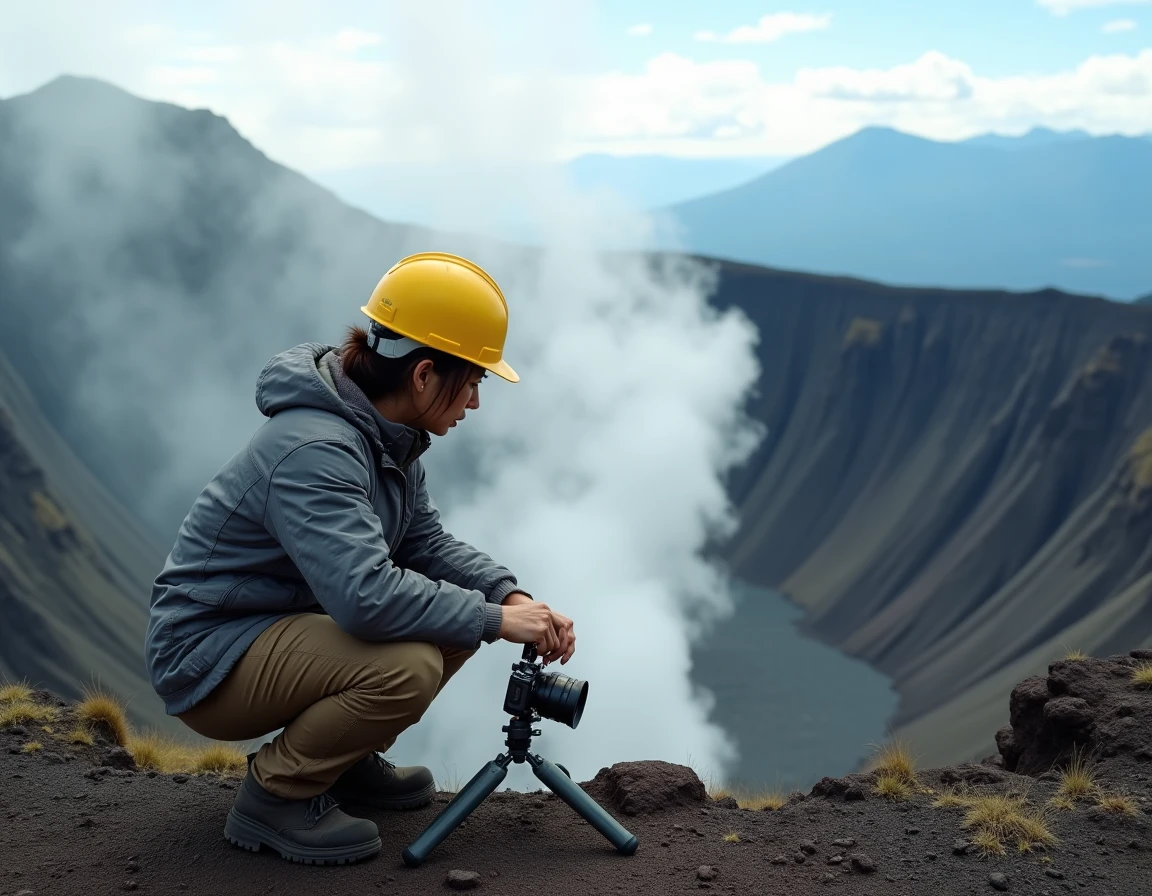 Volcanologue japonaise en tenue de terrain analysant une fissure volcanique fumante au bord d'un cratère au Japon